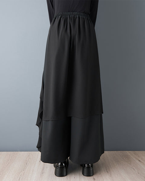 ellazhu Women's Patchwork Layered Cropped Skirt Pants Black High Waist Asymmetrical Loose Plus Size Culottes GZ829