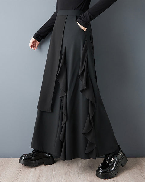 ellazhu Women's Patchwork Layered Cropped Skirt Pants Black High Waist Asymmetrical Loose Plus Size Culottes GZ829