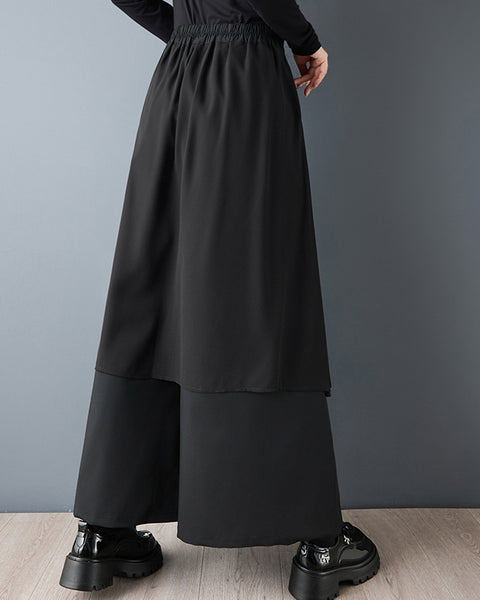 ellazhu Women's Patchwork Layered Cropped Skirt Pants Black High Waist Asymmetrical Loose Plus Size Culottes GZ829