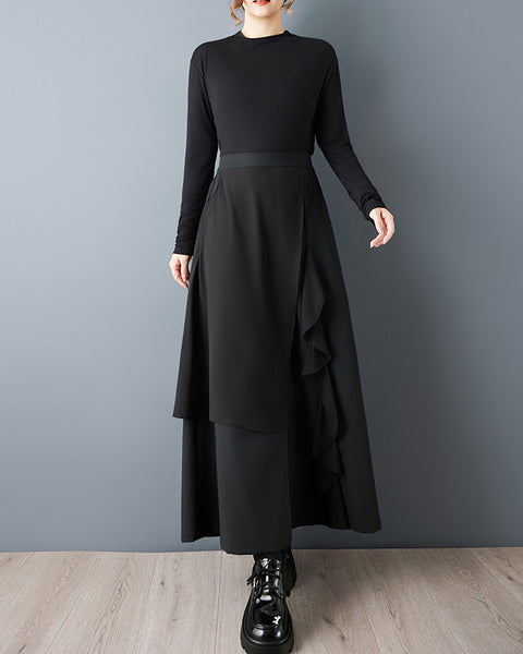 ellazhu Women's Patchwork Layered Cropped Skirt Pants Black High Waist Asymmetrical Loose Plus Size Culottes GZ829