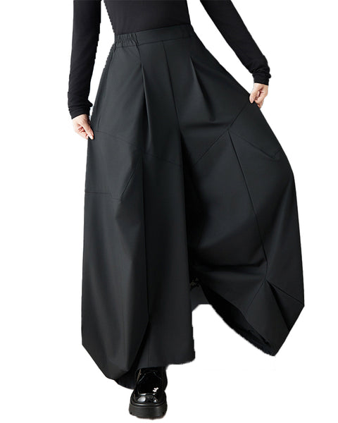 ellazhu Women's Black Wide Leg Pants High Waist Loose Plus Size Asymmetrical Casual Trousers GZ831