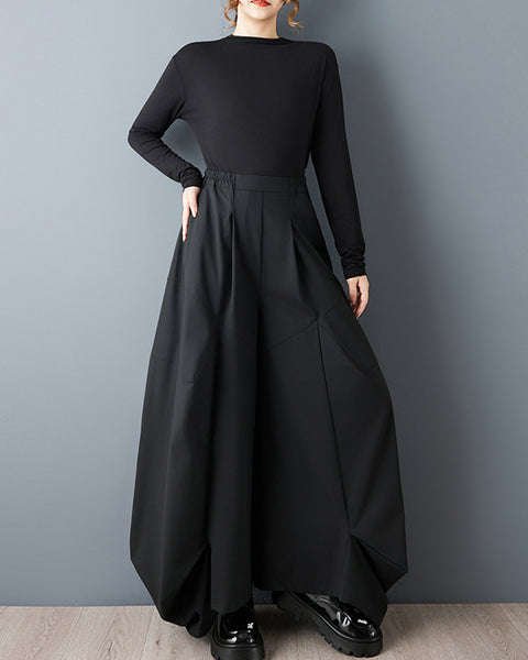 ellazhu Women's Black Wide Leg Pants High Waist Loose Plus Size Asymmetrical Casual Trousers GZ831
