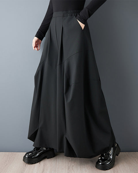 ellazhu Women's Black Wide Leg Pants High Waist Loose Plus Size Asymmetrical Casual Trousers GZ831