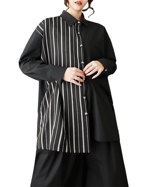 ellazhu Women's Oversized Striped Patchwork Asymmetrical Long Shirt Black Button Down Tunic Loose Fit Dark Academia GZ833