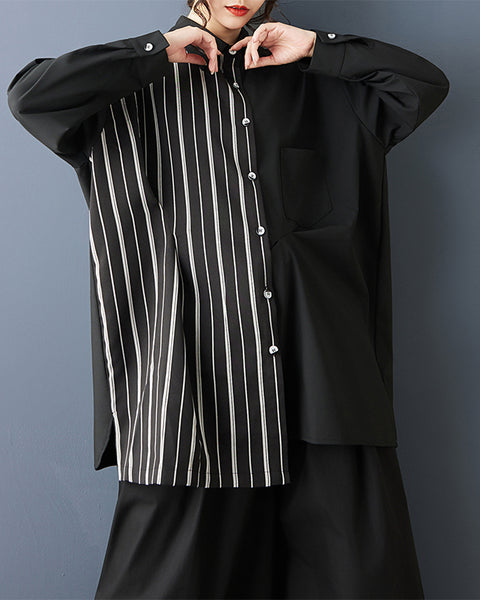 ellazhu Women's Oversized Striped Patchwork Asymmetrical Long Shirt Black Button Down Tunic Loose Fit Dark Academia GZ833