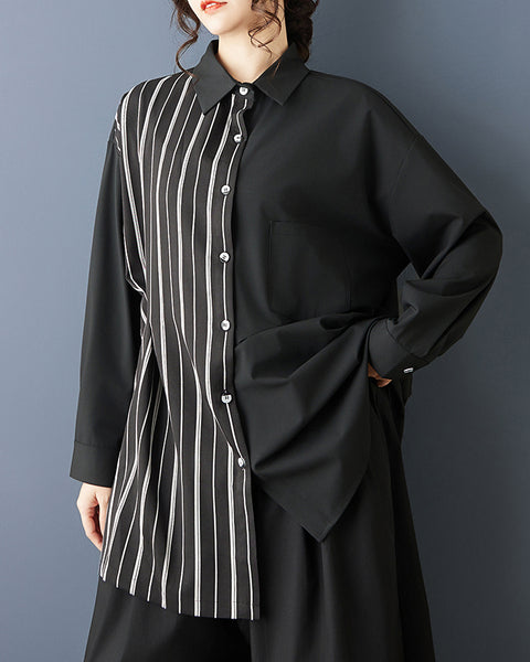 ellazhu Women's Oversized Striped Patchwork Asymmetrical Long Shirt Black Button Down Tunic Loose Fit Dark Academia GZ833