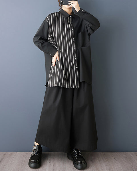 ellazhu Women's Oversized Striped Patchwork Asymmetrical Long Shirt Black Button Down Tunic Loose Fit Dark Academia GZ833