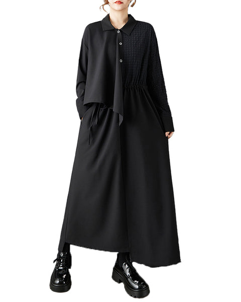 ellazhu Women's Oversized Asymmetrical Shirt Dress Black Long Sleeve Button Down Maxi Gothic Designer Streetwear GZ834