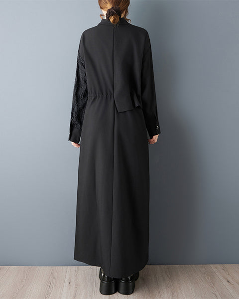 ellazhu Women's Oversized Asymmetrical Shirt Dress Black Long Sleeve Button Down Maxi Gothic Designer Streetwear GZ834