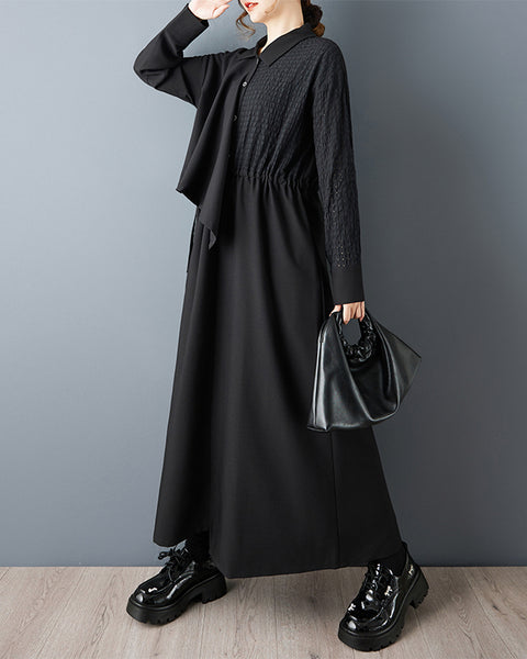 ellazhu Women's Oversized Asymmetrical Shirt Dress Black Long Sleeve Button Down Maxi Gothic Designer Streetwear GZ834