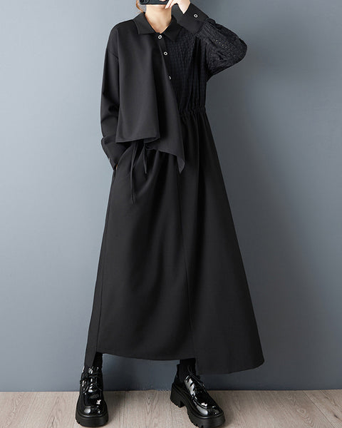 ellazhu Women's Oversized Asymmetrical Shirt Dress Black Long Sleeve Button Down Maxi Gothic Designer Streetwear GZ834