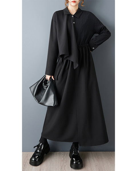 ellazhu Women's Oversized Asymmetrical Shirt Dress Black Long Sleeve Button Down Maxi Gothic Designer Streetwear GZ834