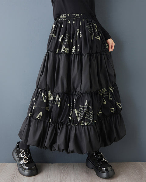 ellazhu Women's Oversized Patchwork Bubble Maxi Skirt High Waist Gothic Dark Academia Layered Streetwear Designer GZ835