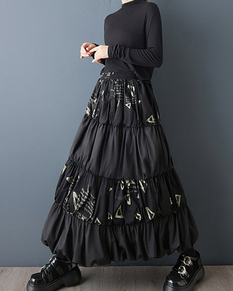 ellazhu Women's Oversized Patchwork Bubble Maxi Skirt High Waist Gothic Dark Academia Layered Streetwear Designer GZ835