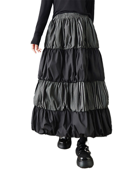 ellazhu Women's Oversized Patchwork Bubble Maxi Skirt High Waist Gothic Dark Academia Layered Streetwear Designer GZ835