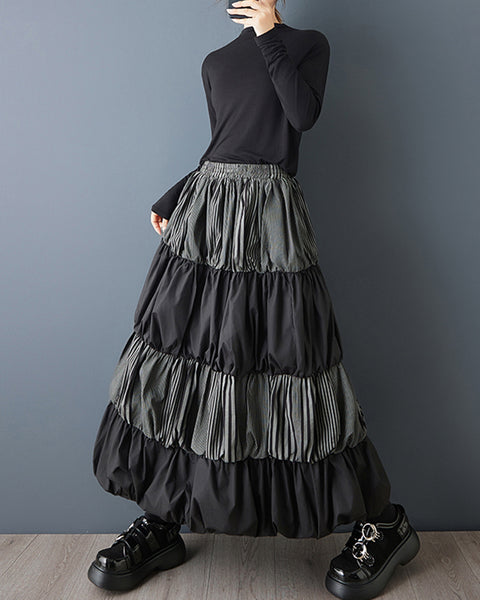 ellazhu Women's Oversized Patchwork Bubble Maxi Skirt High Waist Gothic Dark Academia Layered Streetwear Designer GZ835