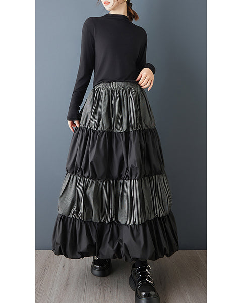 ellazhu Women's Oversized Patchwork Bubble Maxi Skirt High Waist Gothic Dark Academia Layered Streetwear Designer GZ835