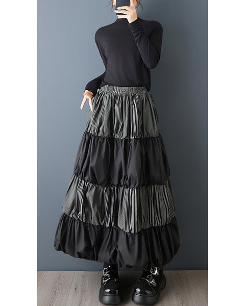 ellazhu Women's Oversized Patchwork Bubble Maxi Skirt High Waist Gothic Dark Academia Layered Streetwear Designer GZ835