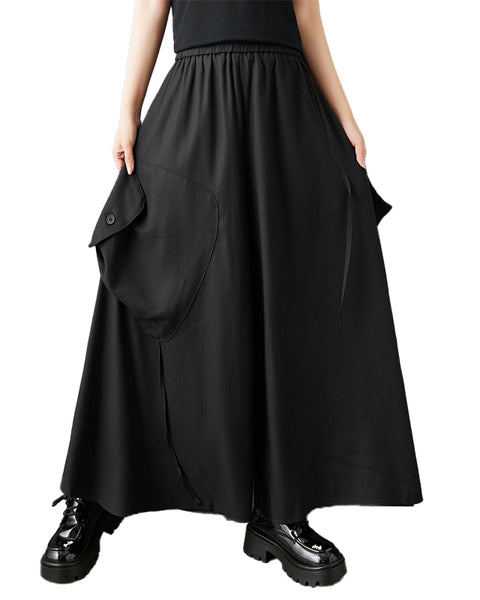 ellazhu Women's Oversized Wide Leg Cargo Pants Black Asymmetrical Pocket Palazzo Pants Gothic Dark Academia GZ836