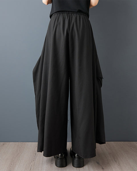 ellazhu Women's Oversized Wide Leg Cargo Pants Black Asymmetrical Pocket Palazzo Pants Gothic Dark Academia GZ836