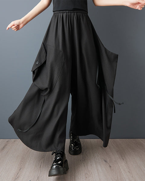 ellazhu Women's Oversized Wide Leg Cargo Pants Black Asymmetrical Pocket Palazzo Pants Gothic Dark Academia GZ836