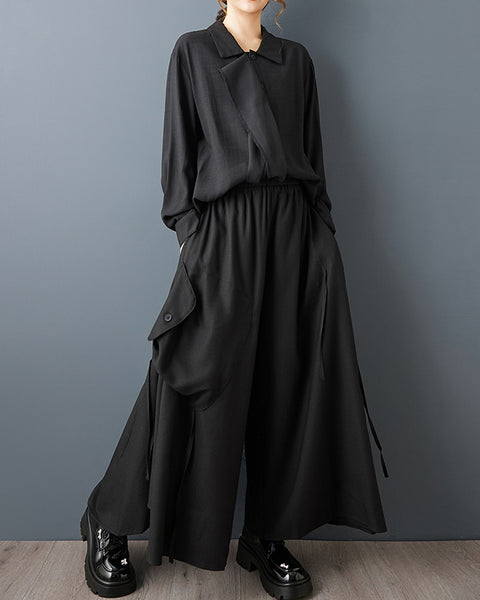 ellazhu Women's Oversized Wide Leg Cargo Pants Black Asymmetrical Pocket Palazzo Pants Gothic Dark Academia GZ836