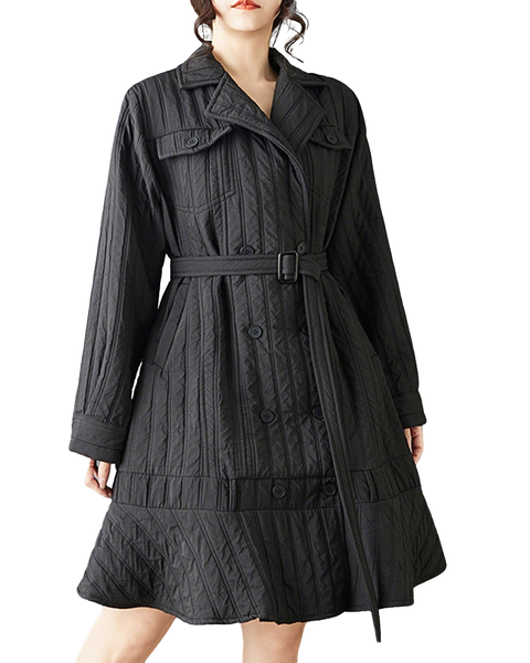 ellazhu Women's Quilted Trench Coat Black Belted Long Sleeve A Line Flared Hem Button Down Elegant GZ837