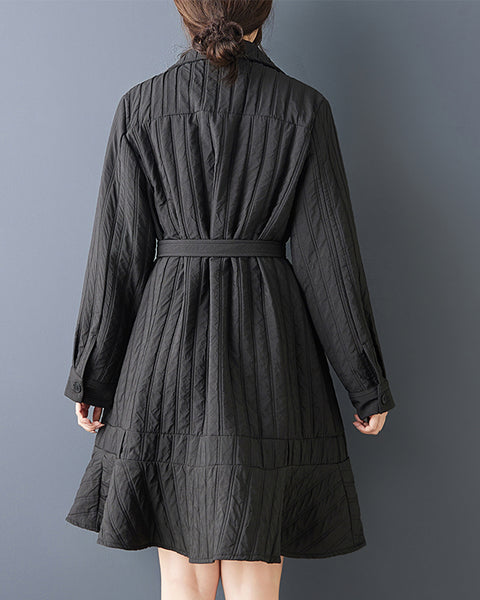 ellazhu Women's Quilted Trench Coat Black Belted Long Sleeve A Line Flared Hem Button Down Elegant GZ837