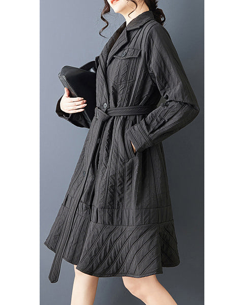 ellazhu Women's Quilted Trench Coat Black Belted Long Sleeve A Line Flared Hem Button Down Elegant GZ837