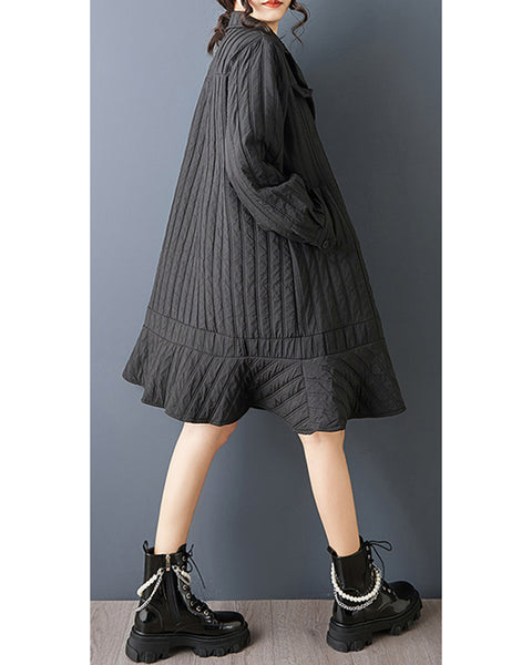 ellazhu Women's Quilted Trench Coat Black Belted Long Sleeve A Line Flared Hem Button Down Elegant GZ837