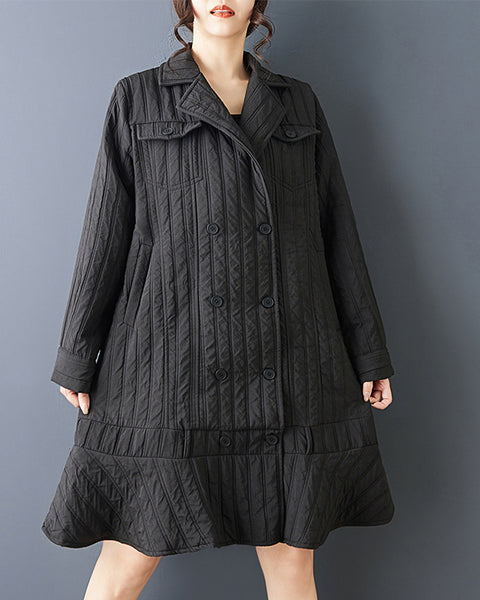ellazhu Women's Quilted Trench Coat Black Belted Long Sleeve A Line Flared Hem Button Down Elegant GZ837