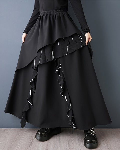 ellazhu Women's Oversized Asymmetrical Layered Maxi Skirt High Waist Gothic Dark Academia Designer Streetwear Skirt GZ841