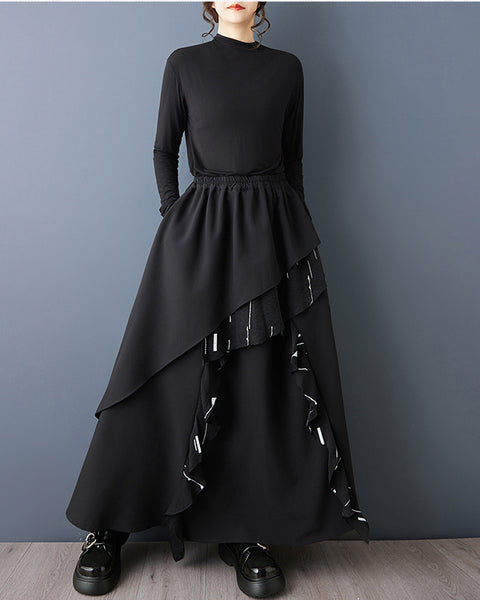 ellazhu Women's Oversized Asymmetrical Layered Maxi Skirt High Waist Gothic Dark Academia Designer Streetwear Skirt GZ841