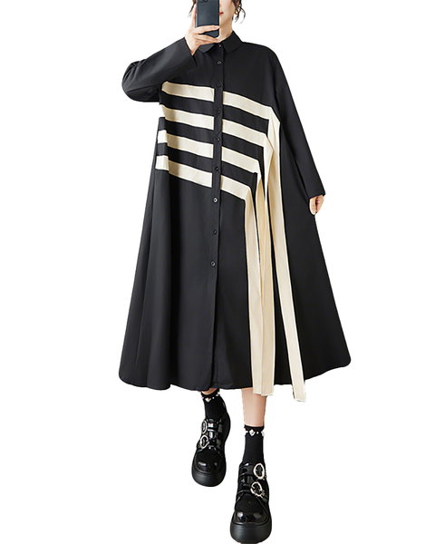 ellazhu Women's Oversized Asymmetrical Color Block Patchwork Shirt Dress Long Sleeve Button Down A Line Maxi GZ842