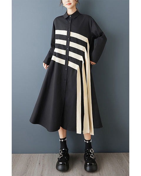 ellazhu Women's Oversized Asymmetrical Color Block Patchwork Shirt Dress Long Sleeve Button Down A Line Maxi GZ842