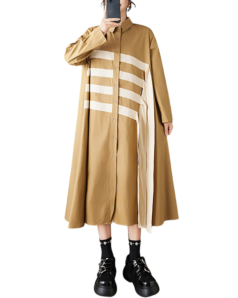 ellazhu Women's Oversized Asymmetrical Color Block Patchwork Shirt Dress Long Sleeve Button Down A Line Maxi GZ842