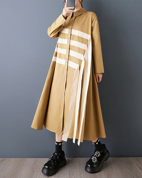 ellazhu Women's Oversized Asymmetrical Color Block Patchwork Shirt Dress Long Sleeve Button Down A Line Maxi GZ842