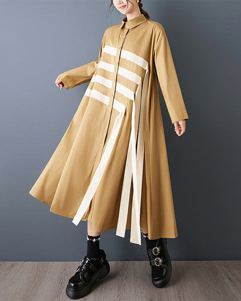 ellazhu Women's Oversized Asymmetrical Color Block Patchwork Shirt Dress Long Sleeve Button Down A Line Maxi GZ842