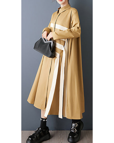 ellazhu Women's Oversized Asymmetrical Color Block Patchwork Shirt Dress Long Sleeve Button Down A Line Maxi GZ842
