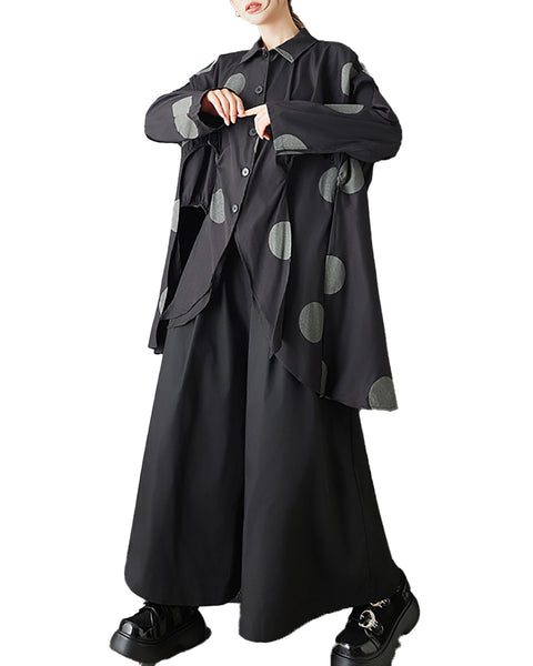 ellazhu Women's Oversized Asymmetrical Polka Dot Shirt Long Sleeve Button Down Irregular Hem Streetwear Loose Fit GZ843