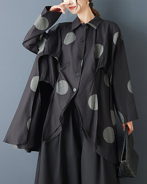 ellazhu Women's Oversized Asymmetrical Polka Dot Shirt Long Sleeve Button Down Irregular Hem Streetwear Loose Fit GZ843