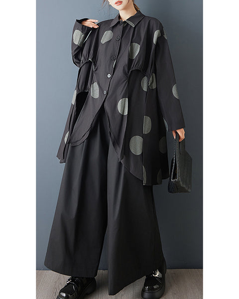 ellazhu Women's Oversized Asymmetrical Polka Dot Shirt Long Sleeve Button Down Irregular Hem Streetwear Loose Fit GZ843