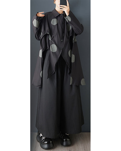 ellazhu Women's Oversized Asymmetrical Polka Dot Shirt Long Sleeve Button Down Irregular Hem Streetwear Loose Fit GZ843