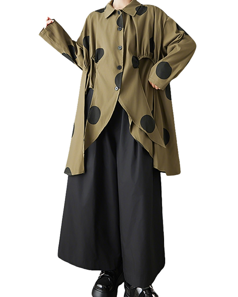 ellazhu Women's Oversized Asymmetrical Polka Dot Shirt Long Sleeve Button Down Irregular Hem Streetwear Loose Fit GZ843
