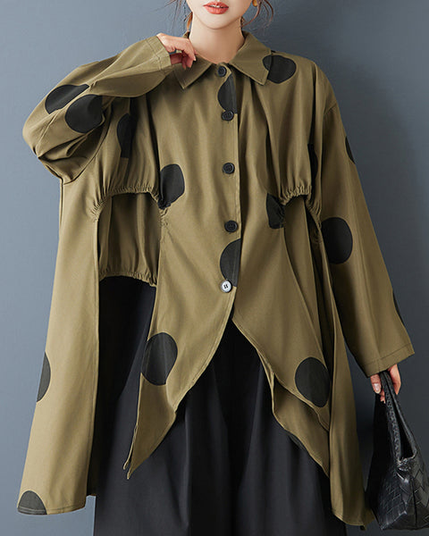 ellazhu Women's Oversized Asymmetrical Polka Dot Shirt Long Sleeve Button Down Irregular Hem Streetwear Loose Fit GZ843