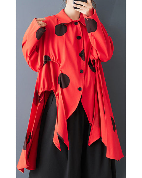ellazhu Women's Oversized Asymmetrical Polka Dot Shirt Long Sleeve Button Down Irregular Hem Streetwear Loose Fit GZ843