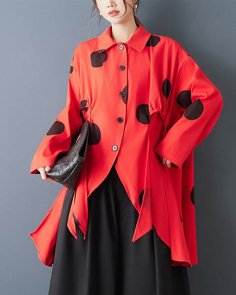 ellazhu Women's Oversized Asymmetrical Polka Dot Shirt Long Sleeve Button Down Irregular Hem Streetwear Loose Fit GZ843