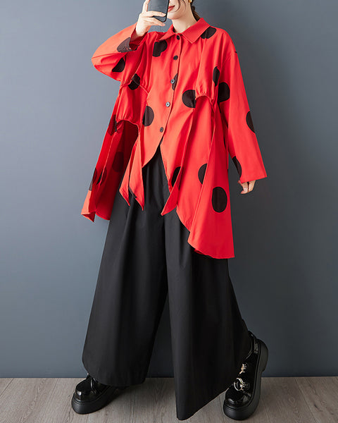 ellazhu Women's Oversized Asymmetrical Polka Dot Shirt Long Sleeve Button Down Irregular Hem Streetwear Loose Fit GZ843