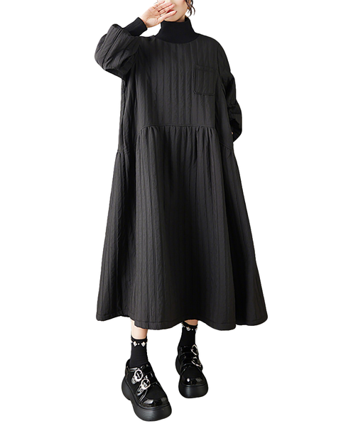 ellazhu Women's Oversized Quilted Turtleneck Maxi Dress Long Sleeve A Line Casual Gothic Dark Academia Streetwear GZ844