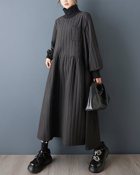 ellazhu Women's Oversized Quilted Turtleneck Maxi Dress Long Sleeve A Line Casual Gothic Dark Academia Streetwear GZ844